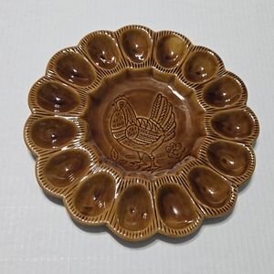 California Pottery Platter Deviled Egg Plate Golden Brown Made in USA Easter Egg